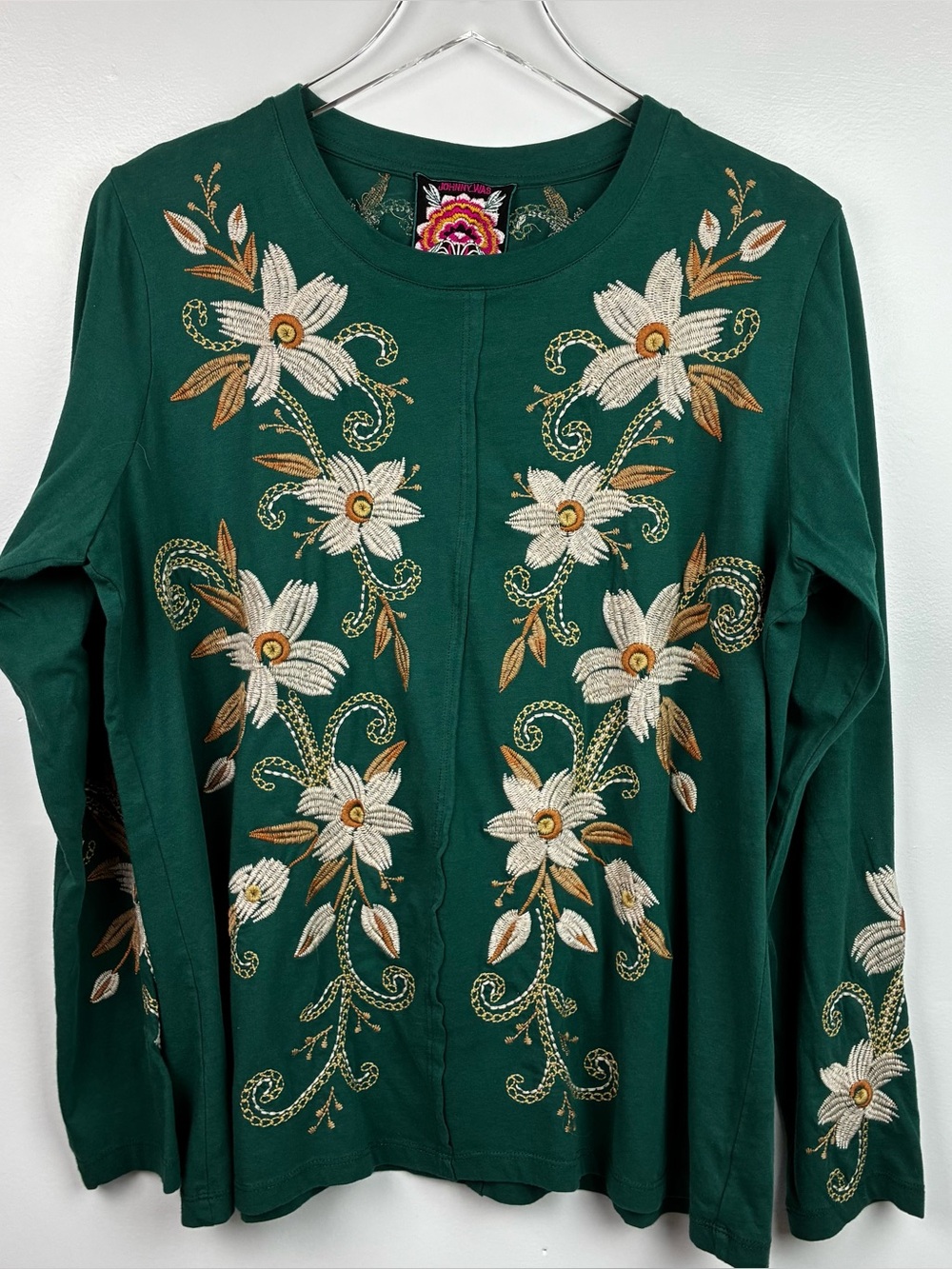 Johnny Was Raw Seam Embroidered Crew Neck Green Top